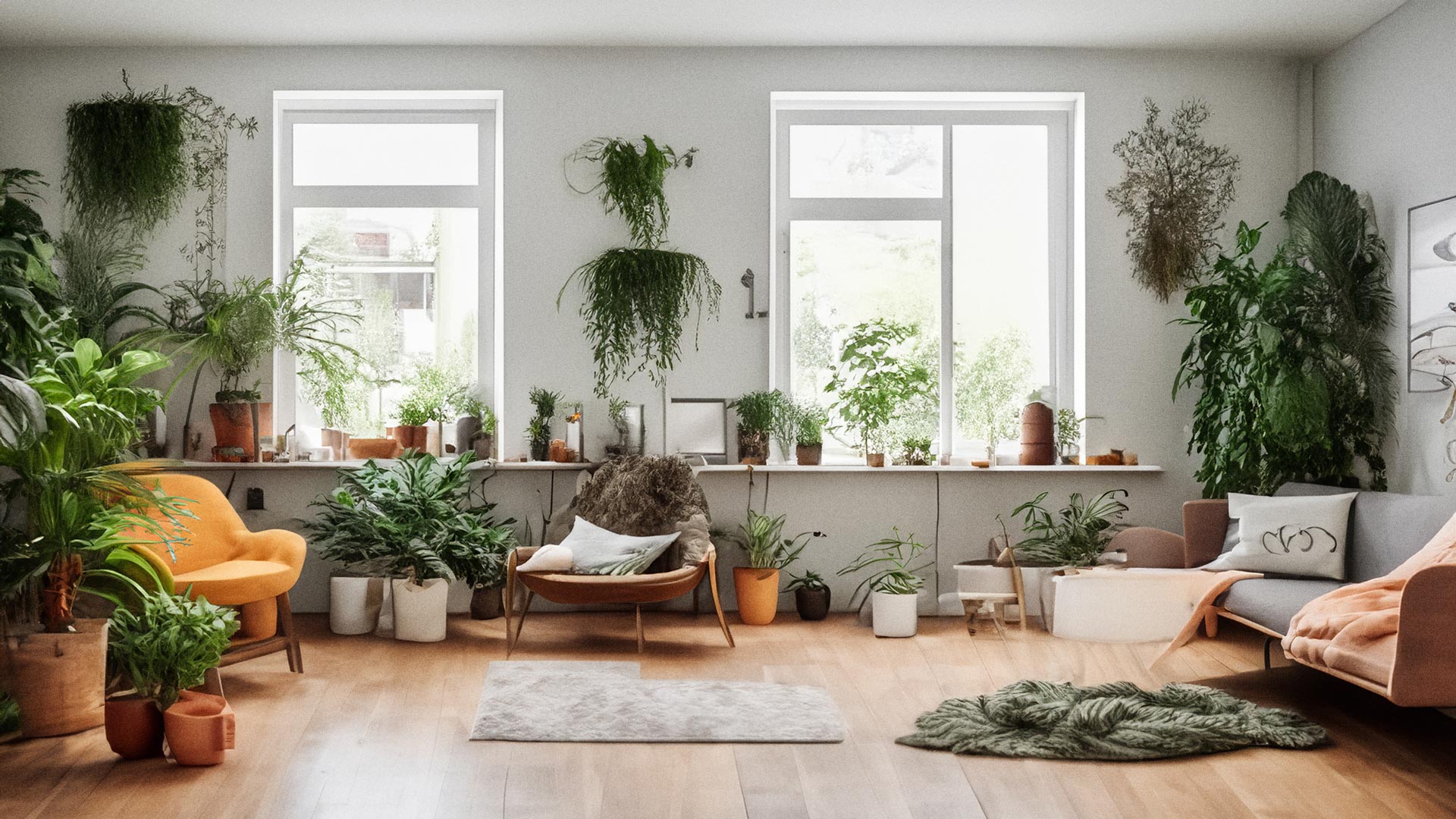 A cozy home interior with plants and natural daylight.